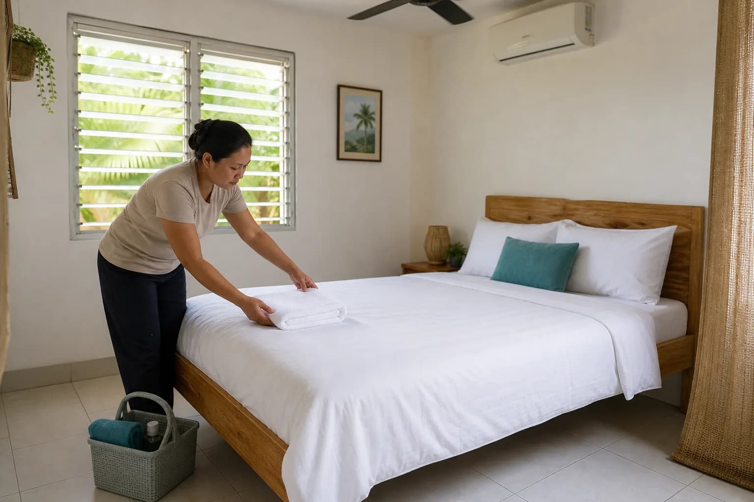 An illustrative local cleaner preparing a Bohol rental bedroom