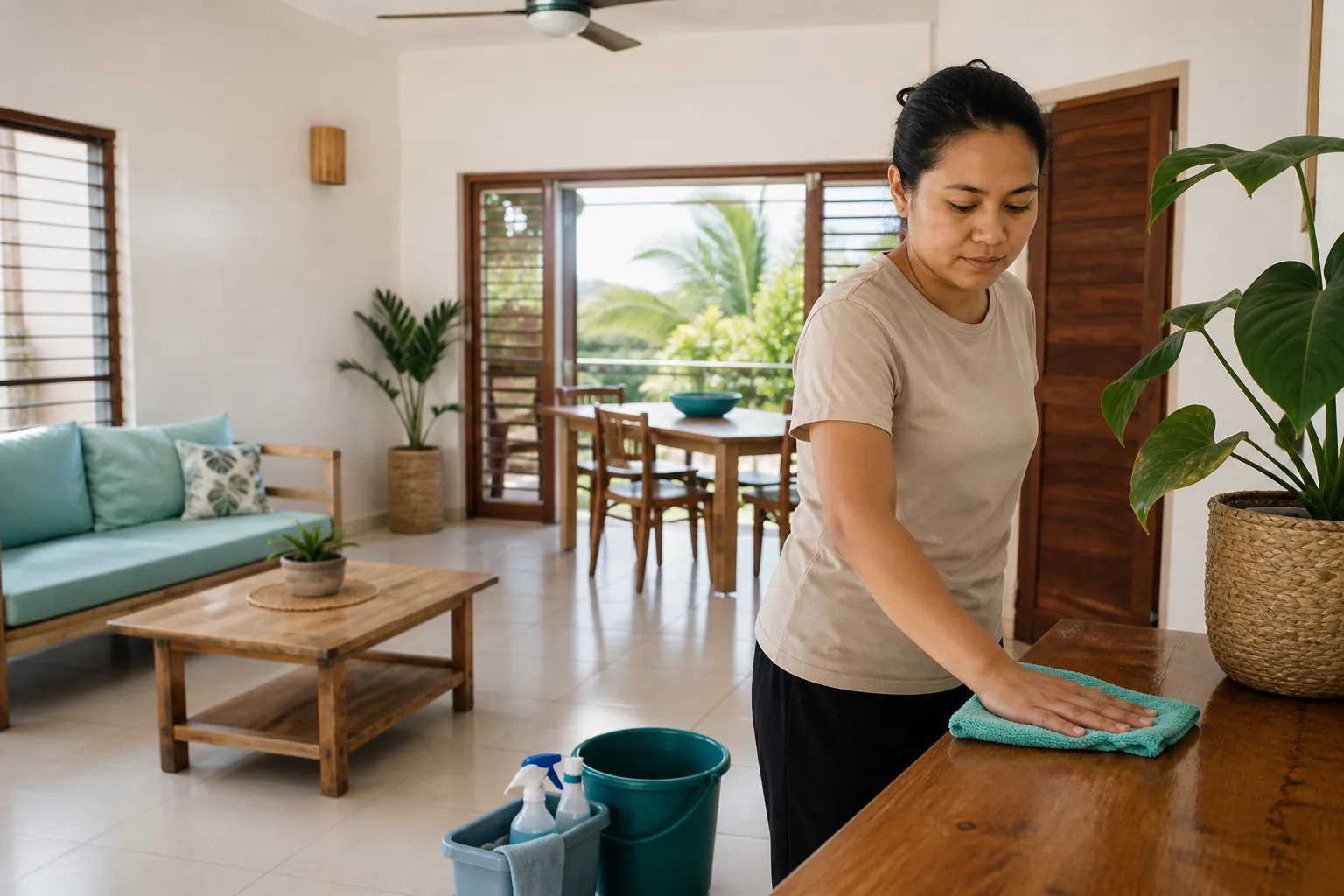 An illustrative local cleaner wiping a Bohol home living room
